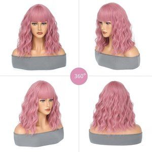 Wig - Women Loose Curly Shoulder Length Light Pink Bob with Bangs(14 inches)